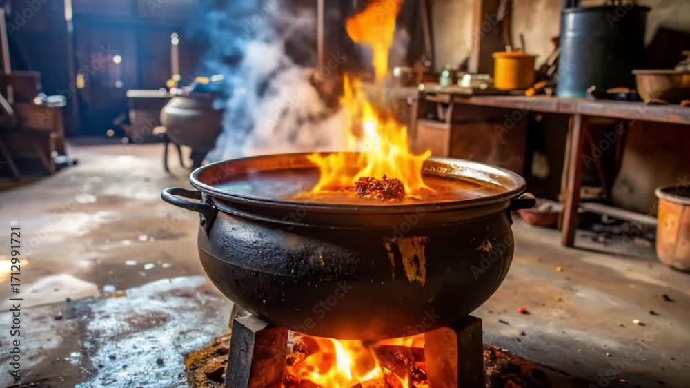 Cooking pot over fire in rustic kitchen with flame cooking Traditional food preparation. Cooking pot over fire in rustic kitchen with flame cooking Traditional food preparation.