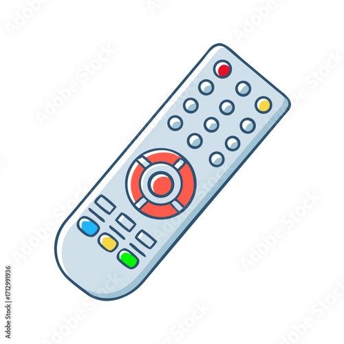 Cartoon illustration of a remote control with various color buttons present