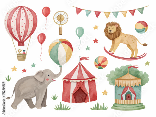 Watercolor circus theme with elephant lion balloons tents and stars in a whimsical arrangement style