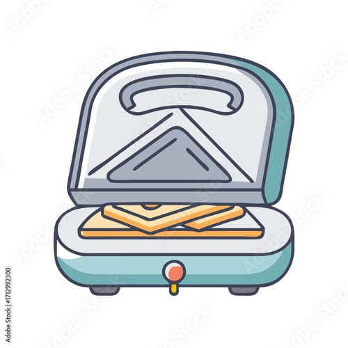 Stylized cartoon image of a sandwich maker appliance with cheese sandwiches