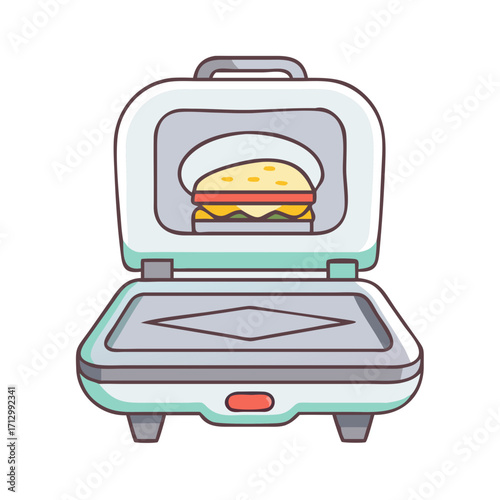 Delicious burger being prepared in a light turquoise sandwich maker appliance