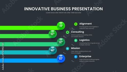 Minimal Strategy Five Element Chart Frame Layout. Digital Briefing Presentation Template Vector Illustration. Professional Analysis 5 Step Graph Slide Design.