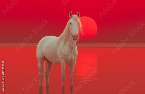 白馬と日の出のおめでたい情景