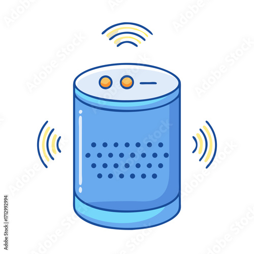 Illustration of a blue wireless speaker emitting sound waves and signals