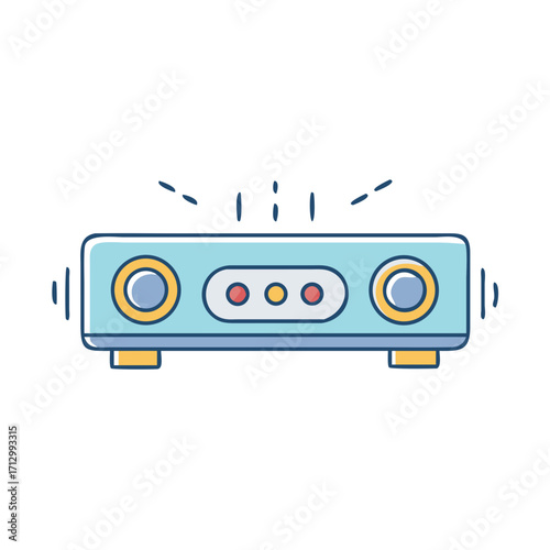 Retro Radio Icon with Sound Waves in Blue and Yellow Colors