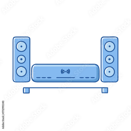 Blue audio system with speakers and soundbar for home entertainment setup