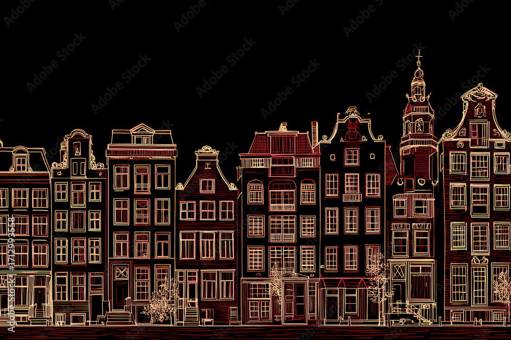 Obraz premium Amsterdam Canal Houses Architectural Line Drawing Facade Sketch Dutch Golden Age Architecture Narrow Homes Illustration Urban Cityscape Design