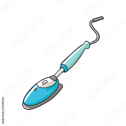 Cartoon illustration of a light blue garment steamer with gray cable