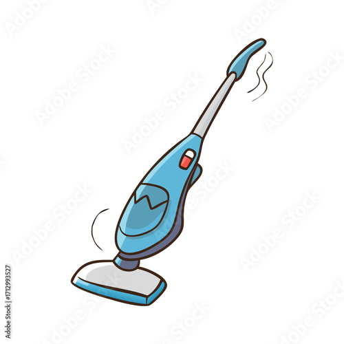 Cartoon illustration of a blue and grey vacuum cleaner standing upright