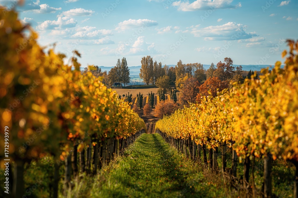Naklejka premium Autumn vineyards with trees in the distance