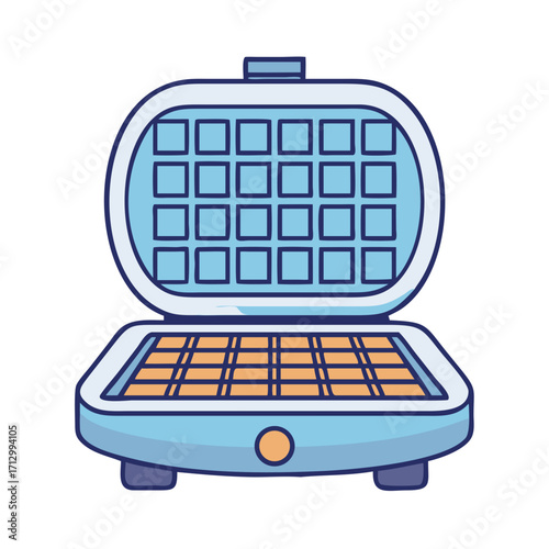 Cartoon illustration of an open waffle maker on a white background
