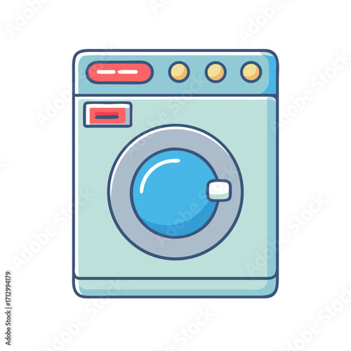Cartoon washing machine with blue accents and buttons, perfect for laundry day