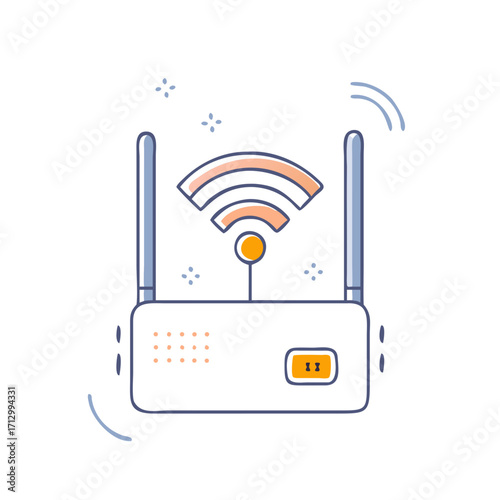 Stylized illustration of a WiFi router emitting signal, internet connection