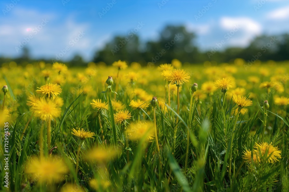 Fototapeta premium Yellow Dandelion Field with Lush Green Surroundings