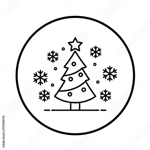 Christmas tree in a circle, decorated with a star, surrounded by symmetrical snowflakes, made in a laconic black and white contour style.