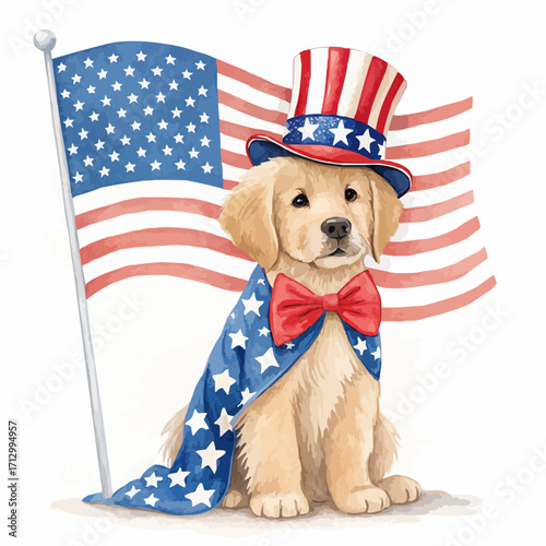 A golden retriever puppy dressed patriotically with an american flag backdrop celebrating independence day