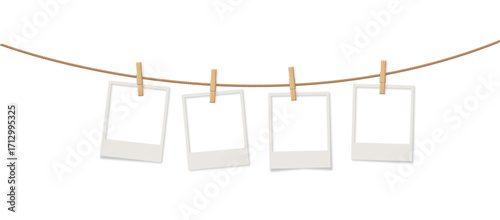 real string hanging 4 polaroid pictures realistic no background