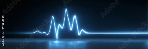Glowing heartbeat ECG line on dark background for medical infographics, digital health dashboards, and hospital websites, blue neon style, 3:1 layout, minimal design, with wide copy space above