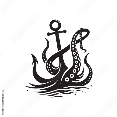 kraken tentacle dragging down anchor vector silhouette clip art logo design illustration