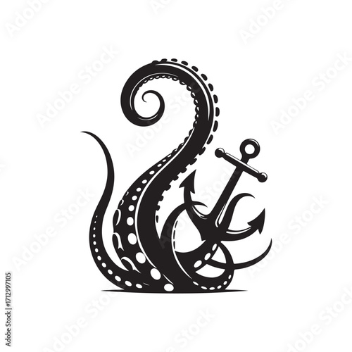 kraken tentacle dragging down anchor vector silhouette clip art logo design illustration