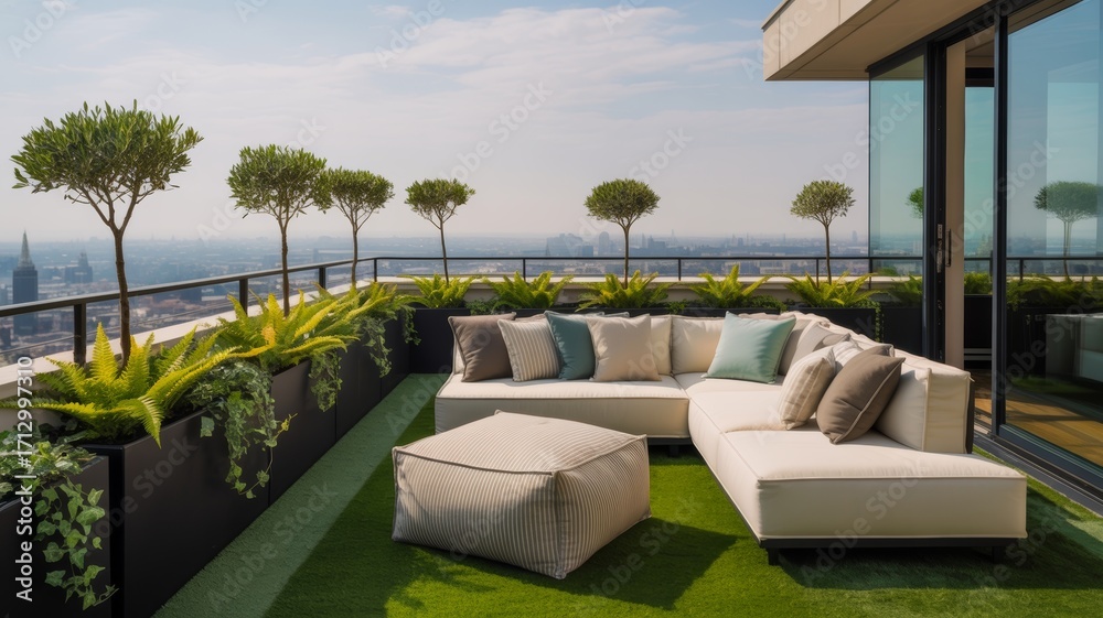 Fototapeta premium A modern rooftop terrace featuring a stylish seating area, lush greenery, and a panoramic city view under a clear sky.