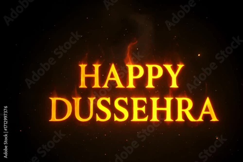 Burning Fiery Happy Dussehra Text with Flames and Sparks,Glowing Flaming Happy Dussehra Text with Dark Background,generative ai