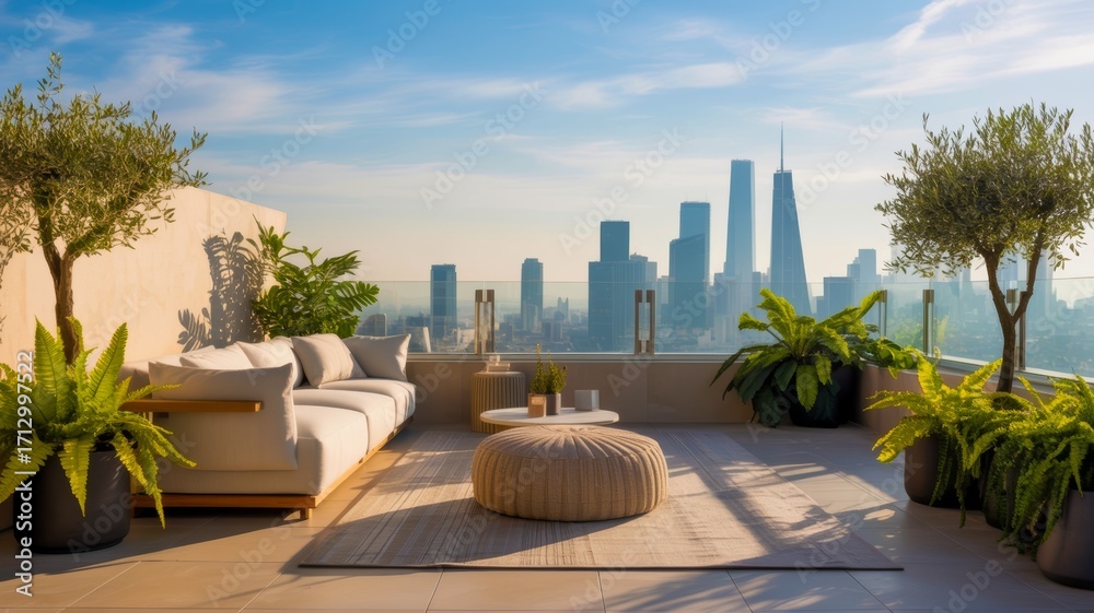 Fototapeta premium A stylish rooftop terrace featuring modern furniture, lush greenery, and a stunning city skyline view under a clear blue sky.