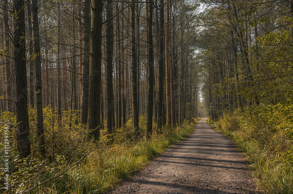 Obraz premium Summer woodland scenery with sunlit trees and a rural path