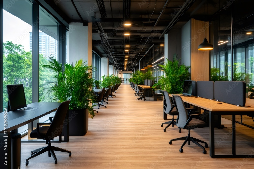 Fototapeta premium Modern coworking space with desks and plants creating a productive atmosphere