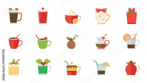 Christmas holiday drinks collection with hot chocolate and festive beverages in decorated mugs vector art