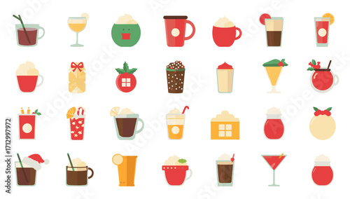 Collection of festive drinks cocktails and beverages for holiday season celebration and winter warmers design