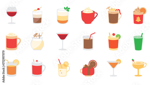 Various colorful cocktails and drinks illustration including wine, smoothies, and other mixed beverages