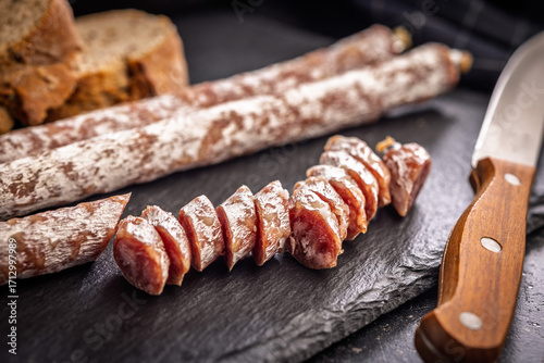 Sliced fuet sausage with mold on black cutting board.