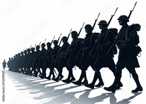 A long line of soldiers marching in uniform with rifles and packs under a bright sky in a somber and powerful image