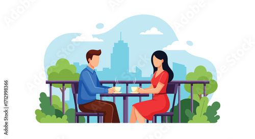 Flat style illustration of a couple enjoying tea on a balcony with a city skyline view, symbolizing relaxation, lifestyle, urban living, and modern relationships