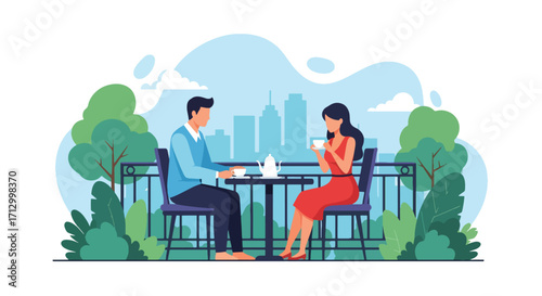 Flat style illustration of a couple enjoying tea on a balcony with a city skyline view, symbolizing relaxation, lifestyle, urban living, and modern relationships
