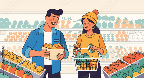 Flat style illustration of a couple grocery shopping together, selecting fresh fruits and vegetables, symbolizing healthy lifestyle, teamwork, and daily life activities