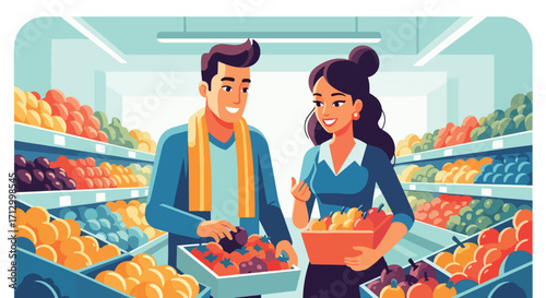 Flat style illustration of a couple grocery shopping together, selecting fresh fruits and vegetables, symbolizing healthy lifestyle, teamwork, and daily life activities