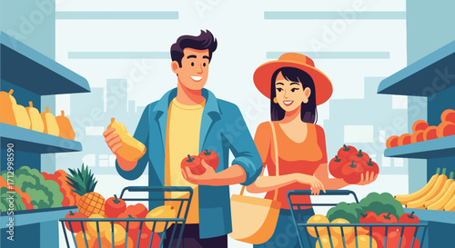 Flat style illustration of a couple grocery shopping together, selecting fresh fruits and vegetables, symbolizing healthy lifestyle, teamwork, and daily life activities