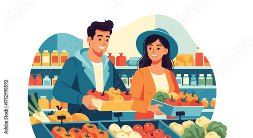 Flat style illustration of a couple grocery shopping together, selecting fresh fruits and vegetables, symbolizing healthy lifestyle, teamwork, and daily life activities