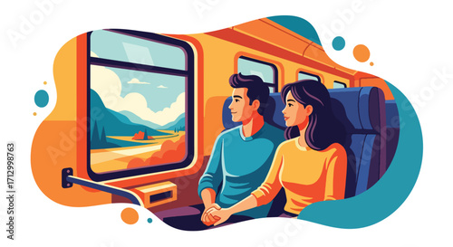 Flat style illustration of a couple traveling by train, holding hands and enjoying scenic views, symbolizing romance, adventure, journey, and leisure travel