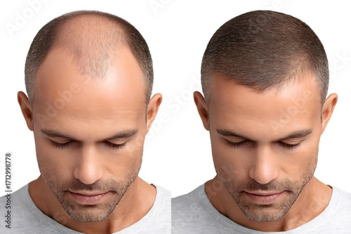Man undergoing hair transplant procedure before and after