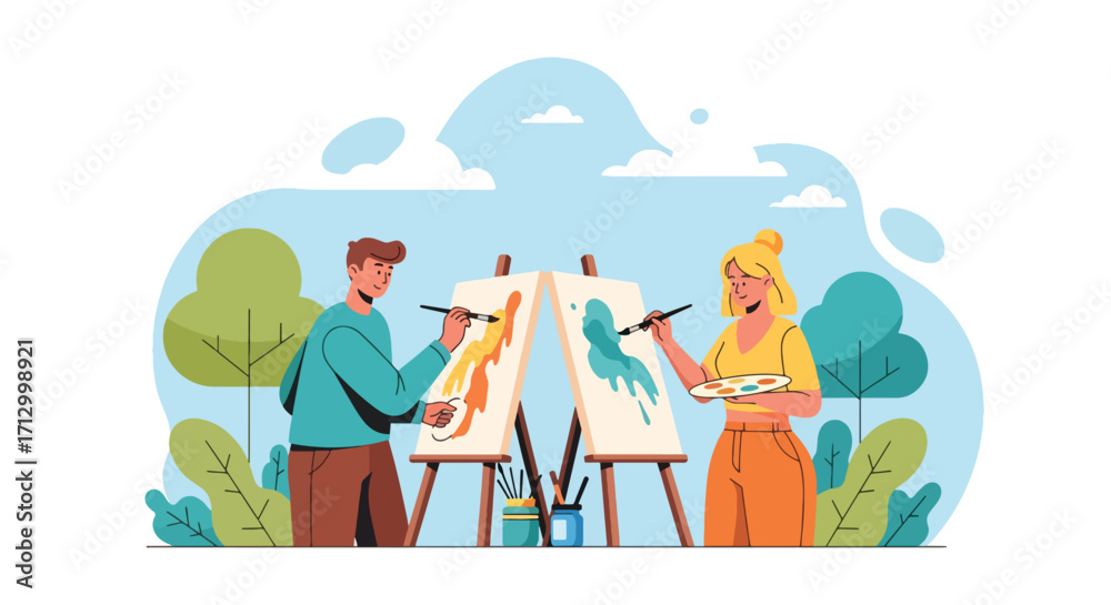 Fototapeta premium Flat style illustration of a couple painting on canvases outdoors, symbolizing creativity, art, relaxation, and leisure activities in a scenic natural environment