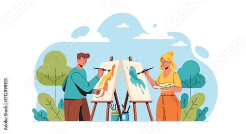 Flat style illustration of a couple painting on canvases outdoors, symbolizing creativity, art, relaxation, and leisure activities in a scenic natural environment