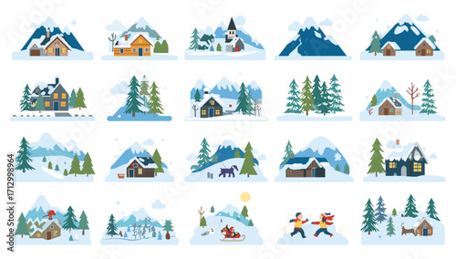 Winter landscape scene vector illustration with houses mountains and trees snowy christmas season holiday design