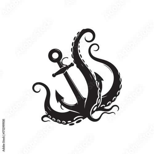 kraken tentacle dragging down anchor vector silhouette clip art logo design illustration