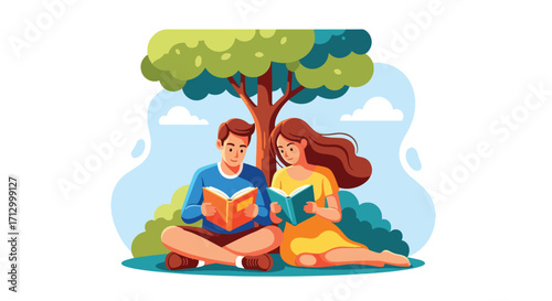 Flat style illustration of a couple reading books while sitting under a tree in a park, symbolizing learning, relaxation, knowledge, and peaceful outdoor leisure
