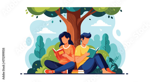 Flat style illustration of a couple reading books while sitting under a tree in a park, symbolizing learning, relaxation, knowledge, and peaceful outdoor leisure