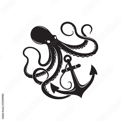 kraken tentacle dragging down anchor vector silhouette clip art logo design illustration