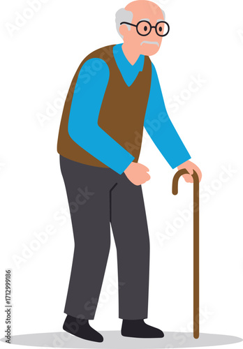 Cartoon elderly man, blue shirt, brown vest, walking cane, senior mobility, aging support, health illustration, flat design, character pose, wellness